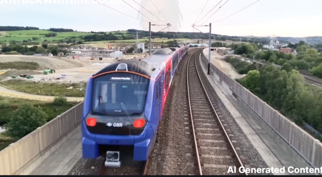 An Alstom Adessia Stream battery-electric unit heading westbound across the future Baker Viaduct — AI generated image