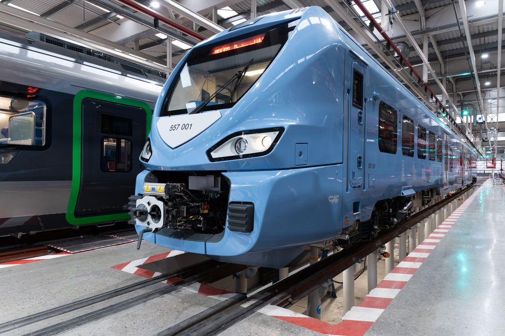 CAF Class 557 BEMU Civity unit 557 001 on the factory floor — the battery-electric variant of the Civity regional platform