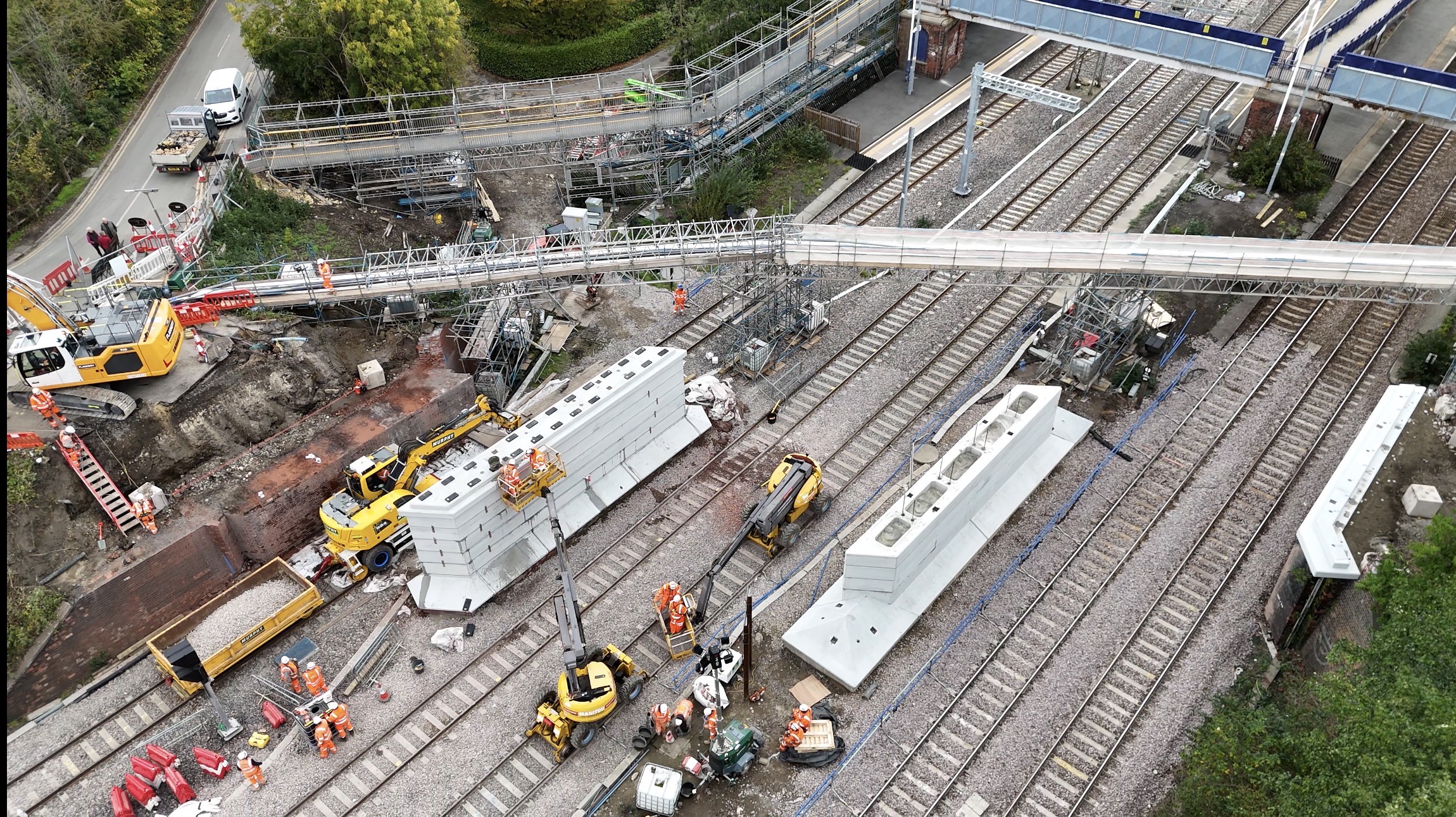 Aerial view of new precast bridge abutments positioned between live tracks at Church Fenton during the October 2026 blockade