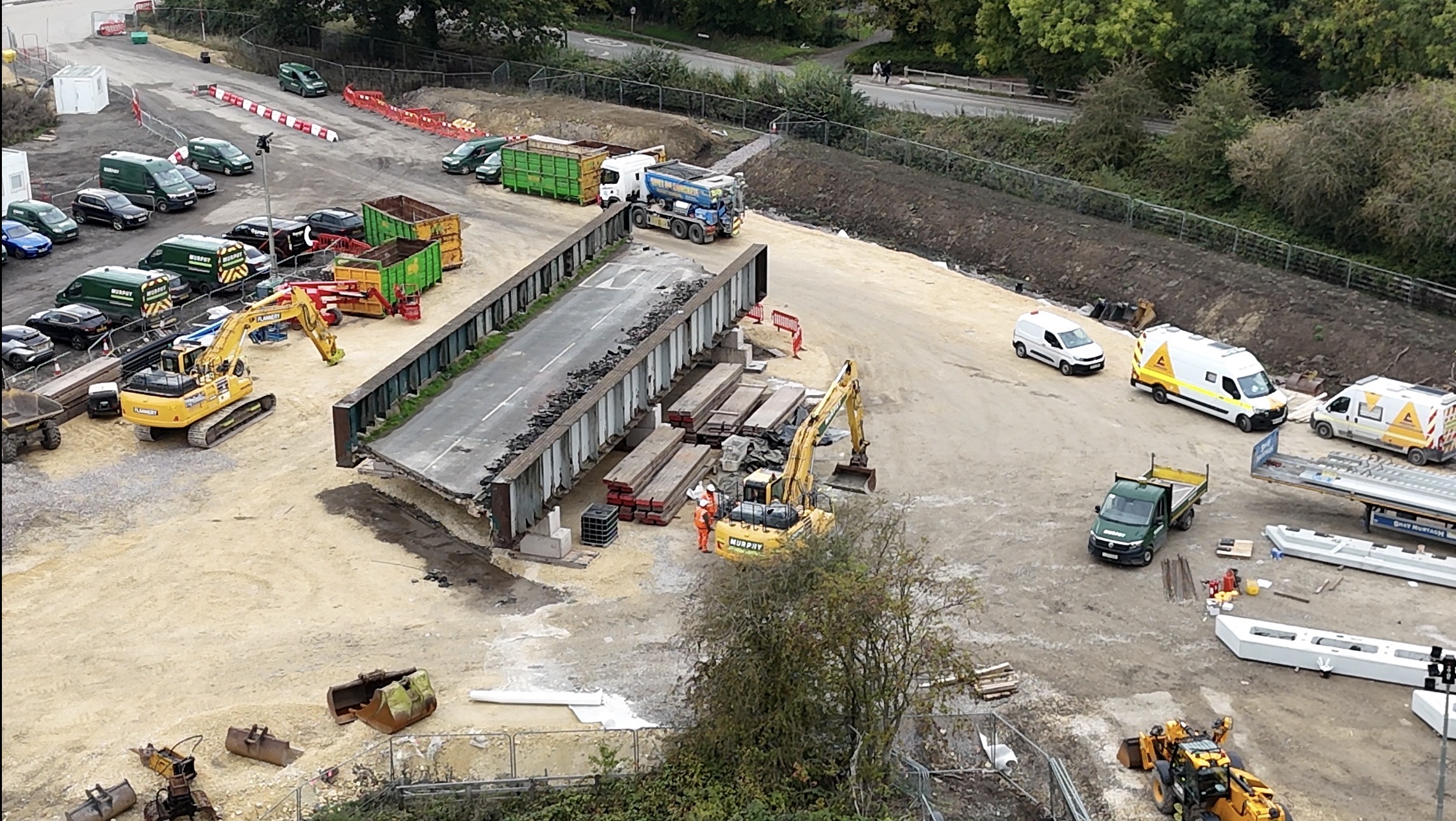 The removed Common Lane bridge deck sitting in the contractors compound yard at Church Fenton, October 2026