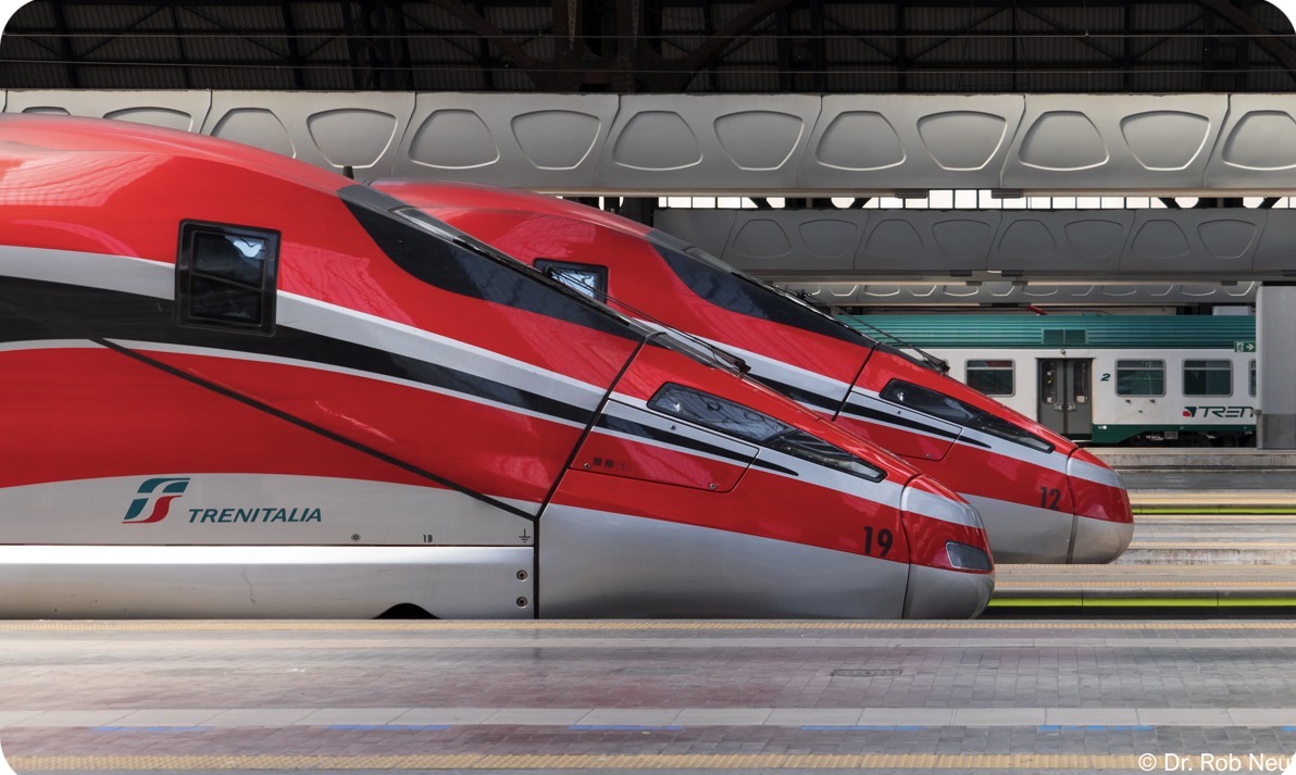 Hitachi ETR1000 high-speed trains for Trenitalia at an Italian terminus — Hitachi's high-speed heritage, distinct from its BEMU regional offer