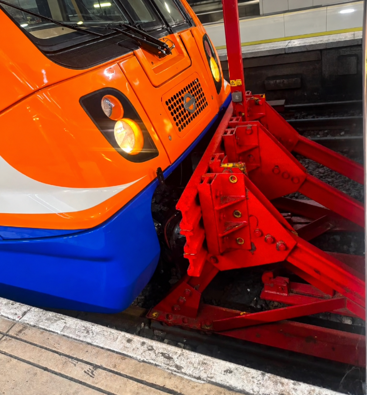 London Overground Class 710 unit 710112 against the buffer stop at Liverpool Street station following derailment, 15 October 2026