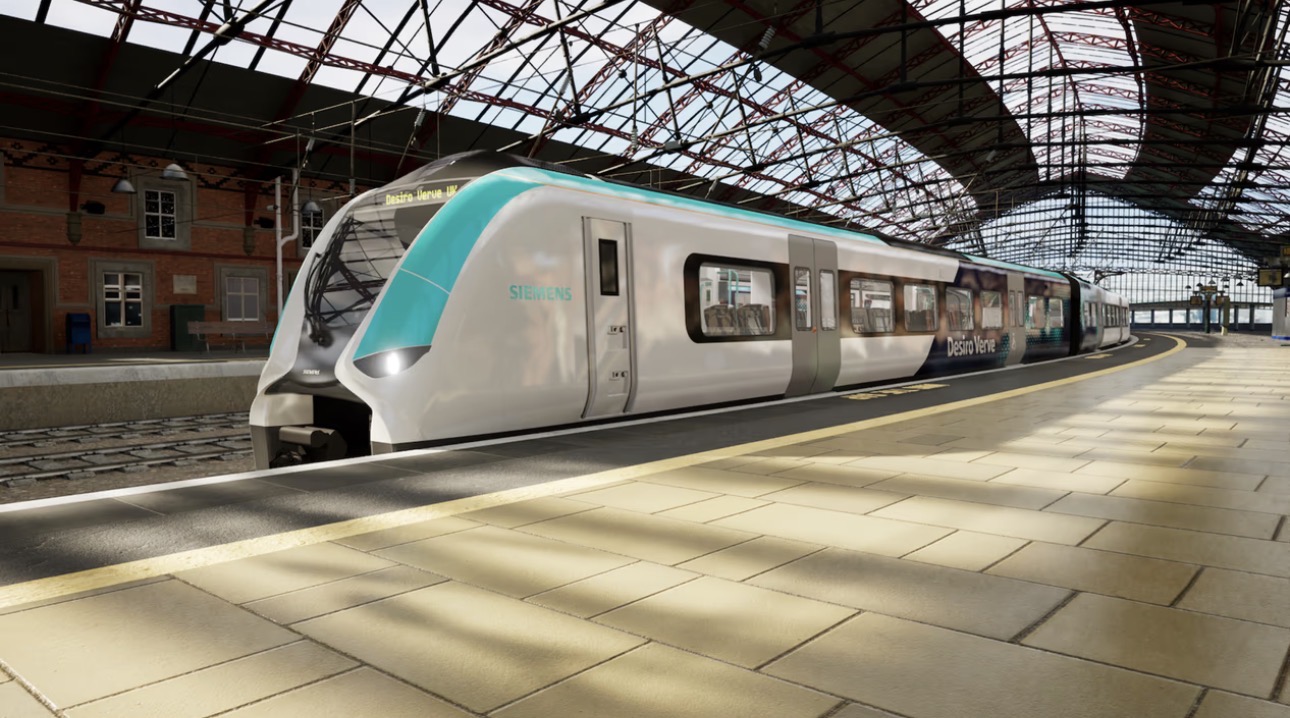 Siemens Desiro Verve UK render at a covered station — the platform designed specifically for the British market